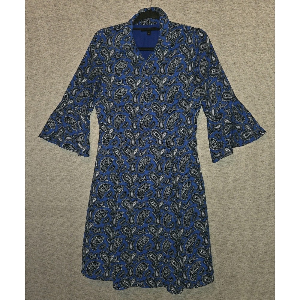 BANANA REPUBLIC Button Blue Paisley Shirt Dress 3/4 Flared Sleeve Size 6 READ